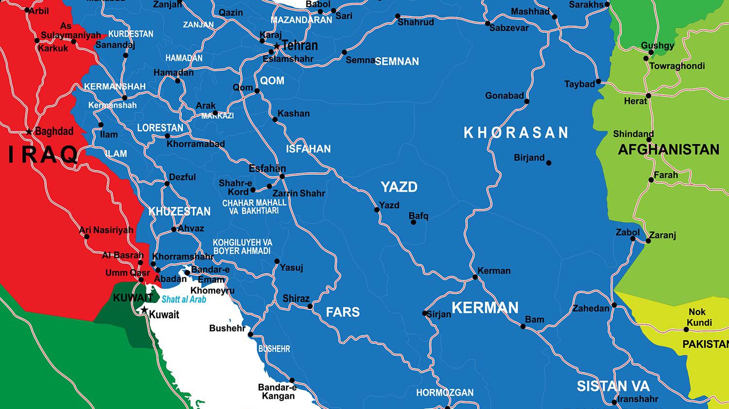 نقشه ایران و کشورهای همسایه به همراه جاده‌های اصلی