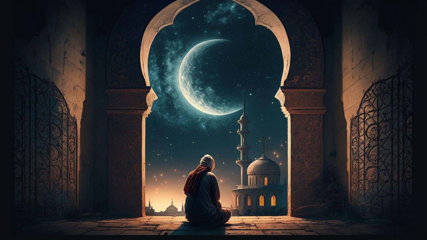 یک مرد در مسجد در حال عبادت و ماه در پشت 
