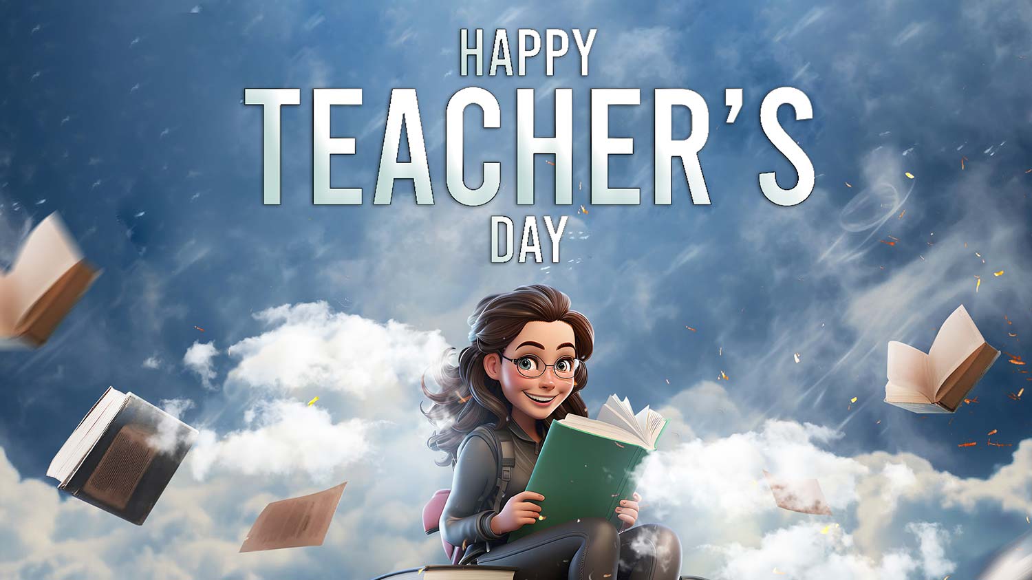 پوستر یک دختر در آسمان در حال مطالعه برای تبریک روز معلم