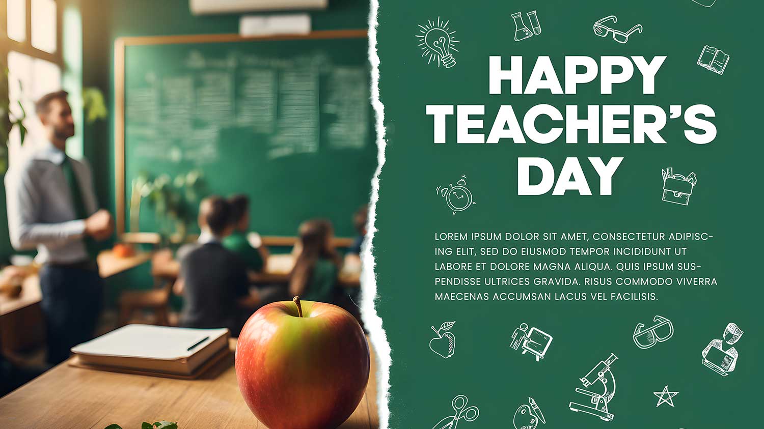 پست شبکه ی اجتماعی روز معلم با رنگ سبز و کلاس درس و دفتر و سیب