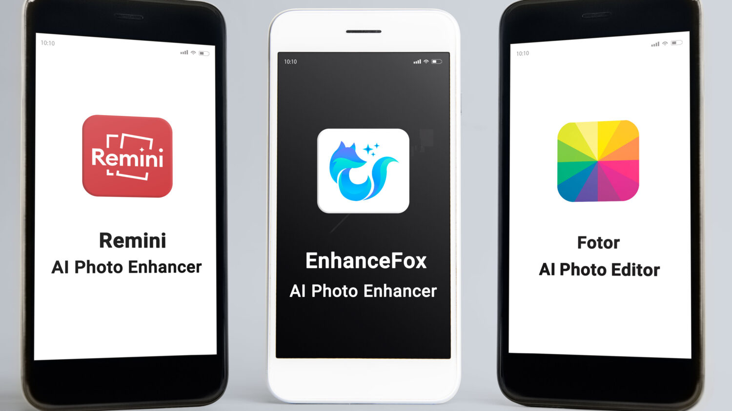 تصویر 3 موبایل که لوگوی سایت‌های Remini، EnhanceFox و Fotor را نمایش می‌دهند
